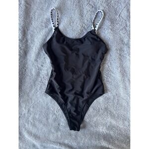 Black One Piece Swimsuit White Ruffle Back Rickrack Straps Medium